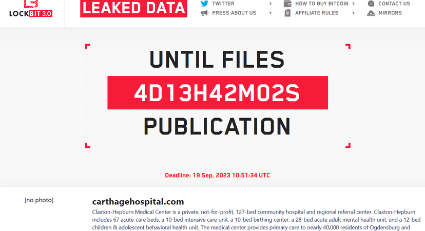 Lockbit ransomware gang hit the Carthage Area Hospital and the Clayton-Hepburn Medical Center in New York