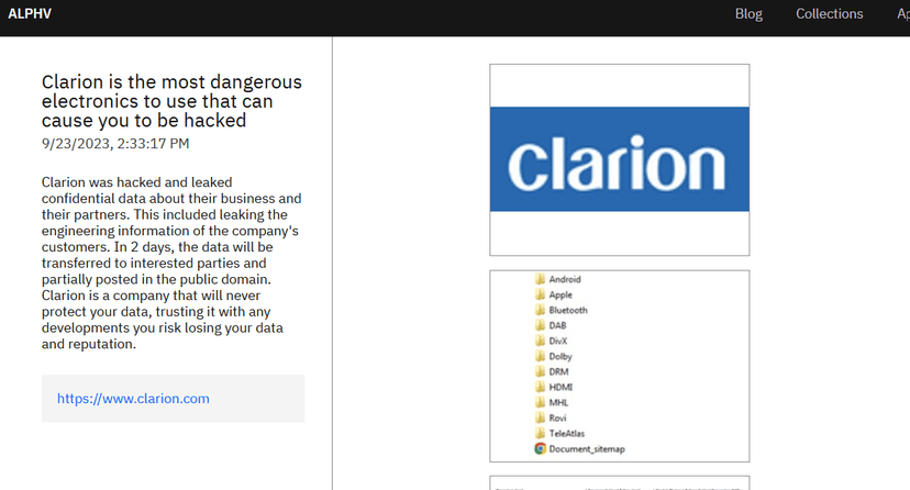 Alphv group claims the hack of Clarion, a global manufacturer of audio and video equipment for cars