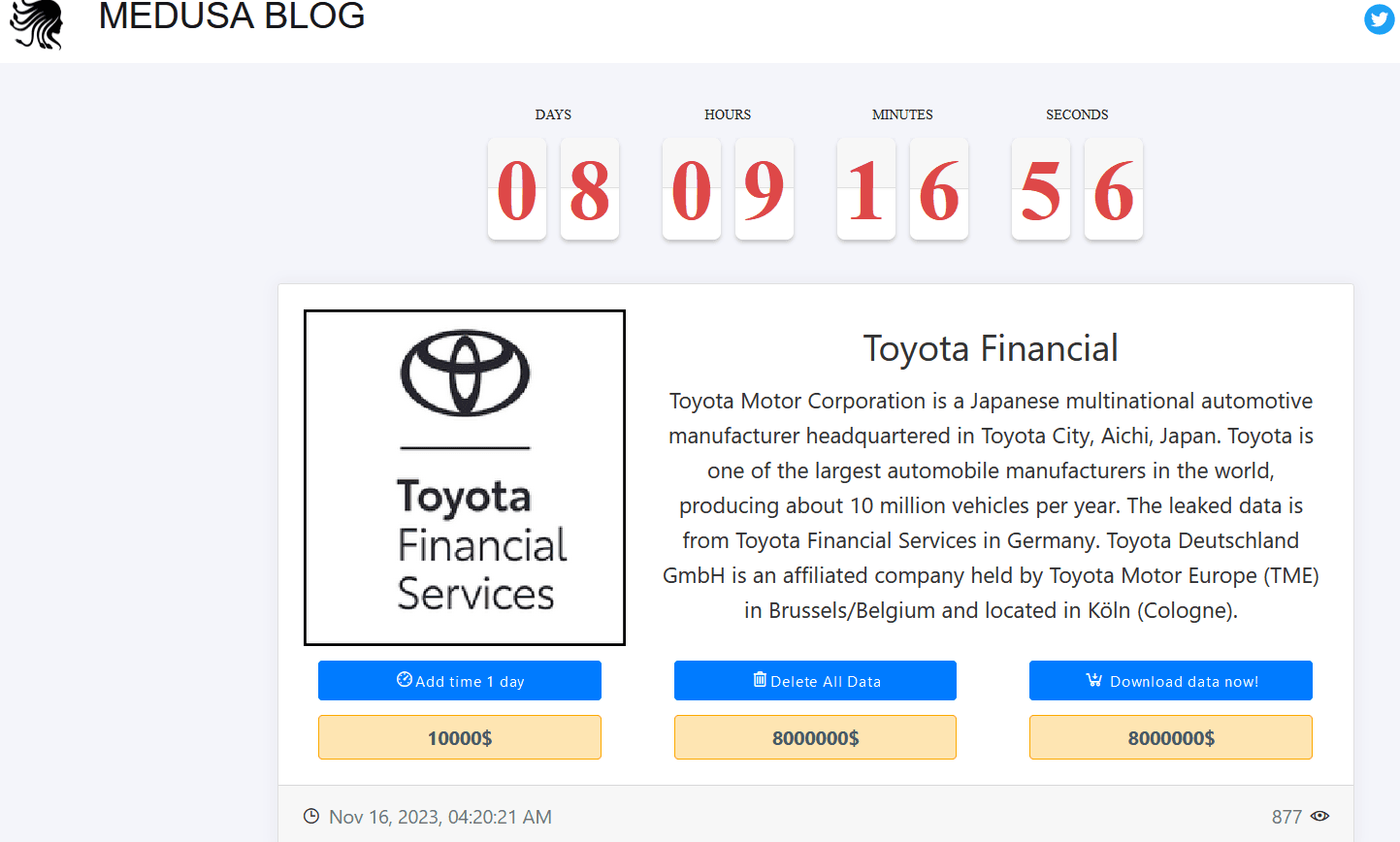 Toyota Financial Services Medusa ransomware