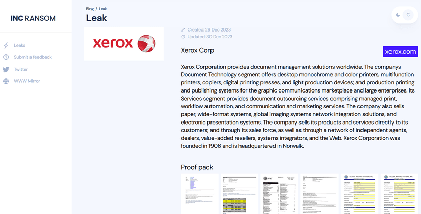 INC RANSOM ransomware gang claims to have breached Xerox Corp