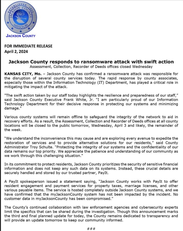 Jackson County, Missouri, discloses a ransomware attack