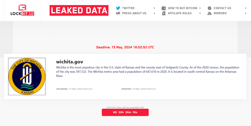 City of Wichita disclosed a data breach after the recent ransomware attack