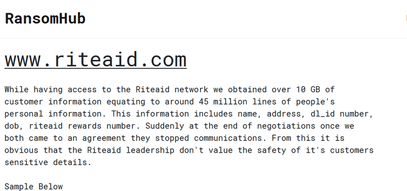 Rite Aid disclosed data breach following RansomHub ransomware attack