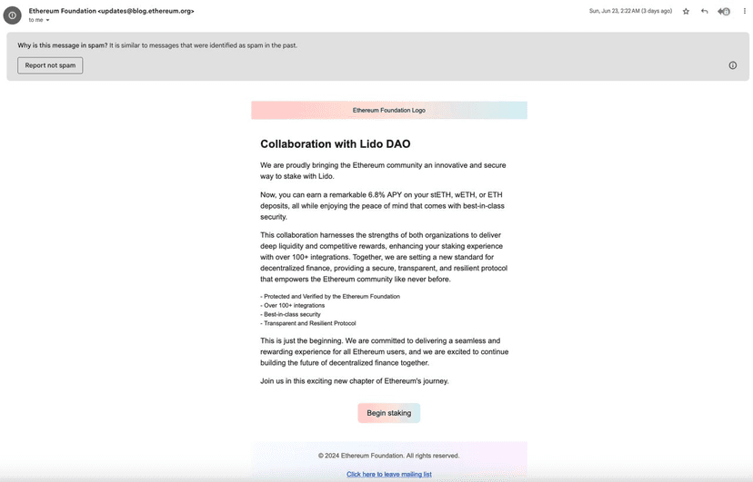 Hackers compromised Ethereum mailing list and launched a crypto draining attack