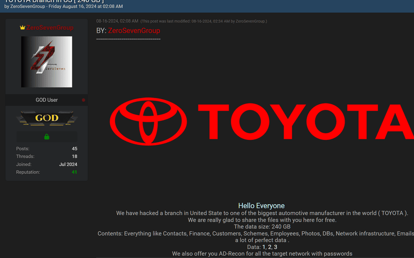 Toyota disclosed a data breach after ZeroSevenGroup leaked stolen data on a cybercrime forum