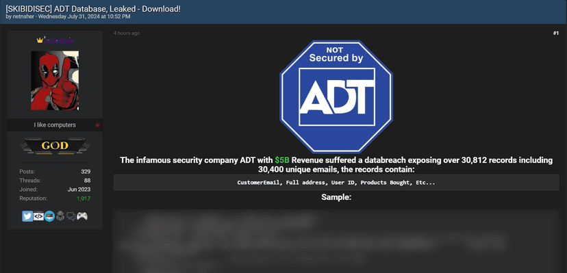 ADT disclosed a data breach that impacted more than 30,000 customers