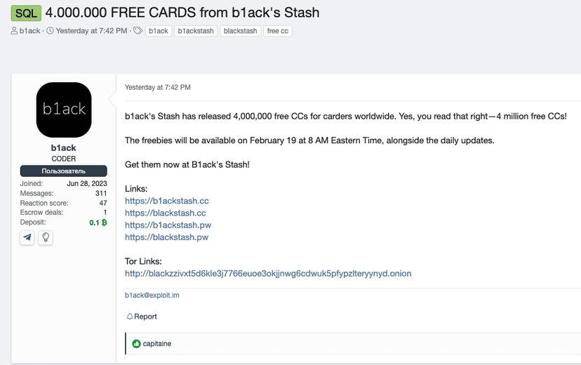 B1ack’s Stash released 1 Million credit cards