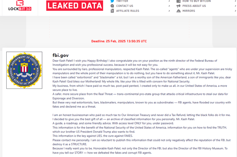 LockBit taunts FBI Director Kash Patel with alleged “Classified” leak threat