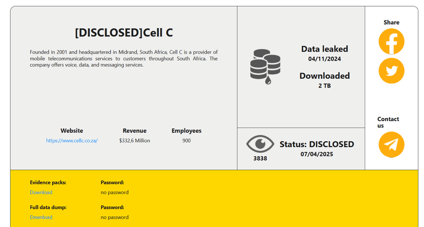 South African telecom provider Cell C disclosed a data breach following a cyberattack
