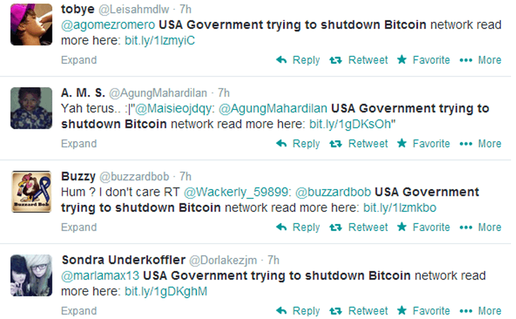 Twitter spam campaign ‘US Gov trying to shut down Bitcoin’