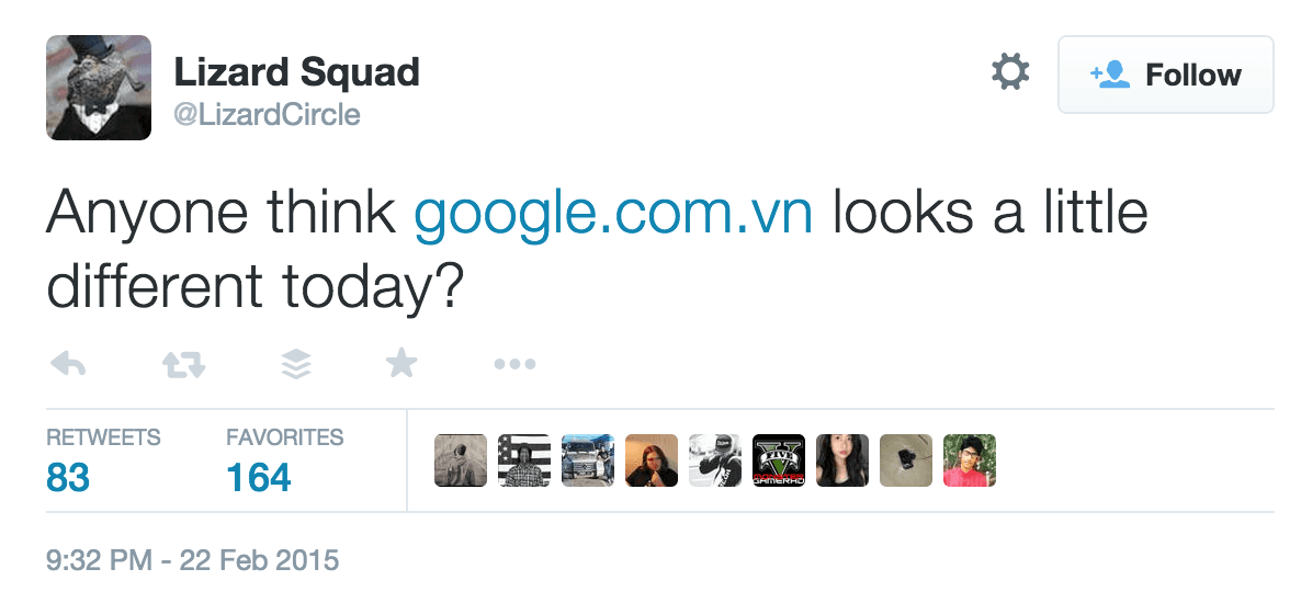Lizard Squad run a DNS hijacking against the Google Vietnam website