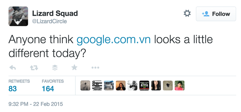 Lizard Squad run a DNS hijacking against the Google Vietnam website