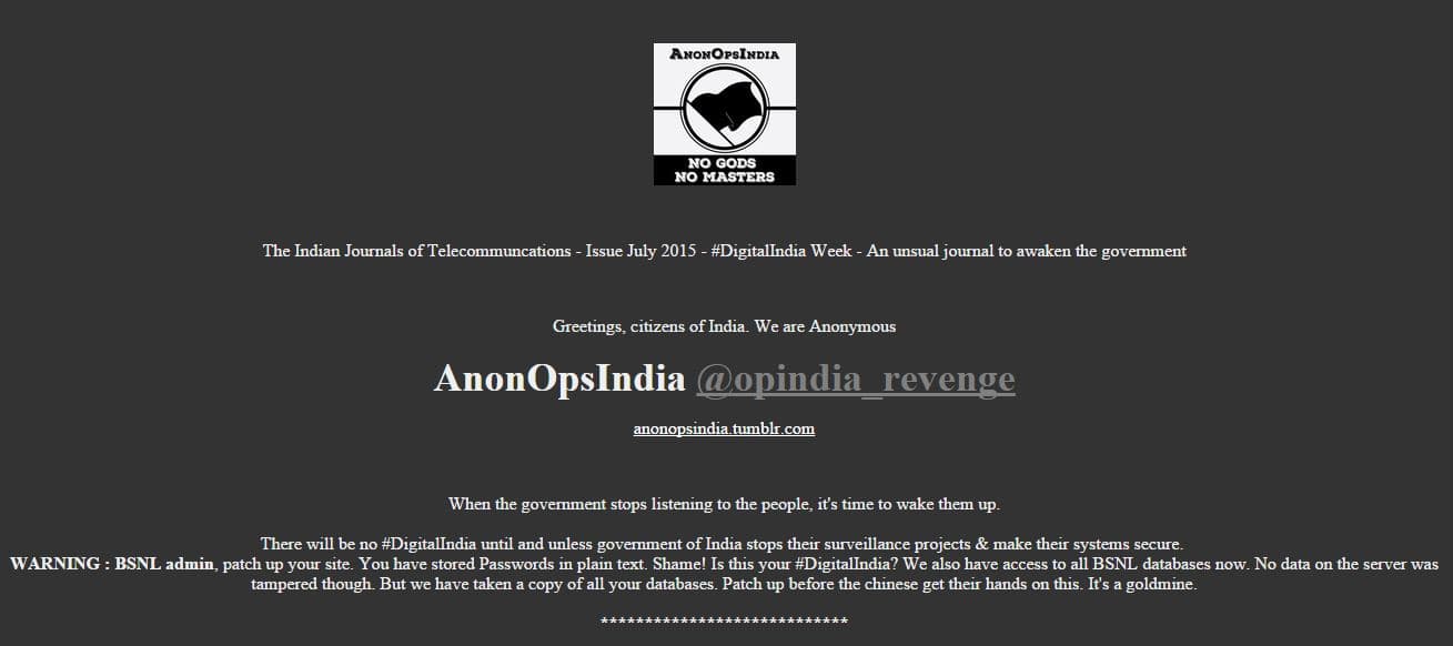 Anonymous India hacked BSNL website and compromised more than 30 Million records
