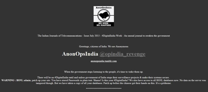 Anonymous India hacked BSNL website and compromised more than 30 Million records