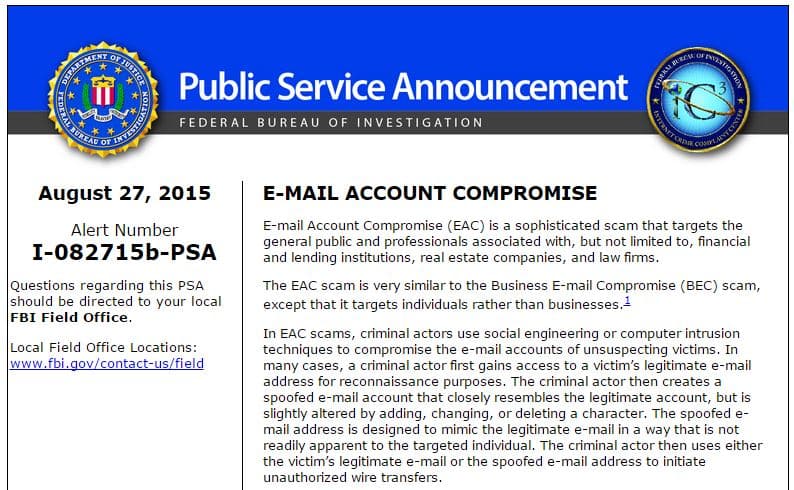 FBI warns that Business Email Scams are raising