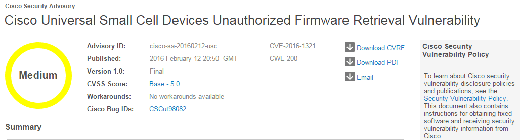 A flaw in CISCO Universal Small Cell allows firmware retrieval
