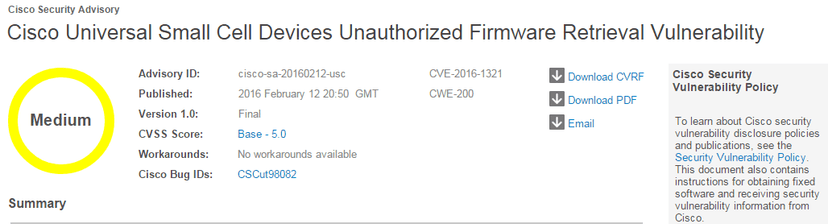 A flaw in CISCO Universal Small Cell allows firmware retrieval
