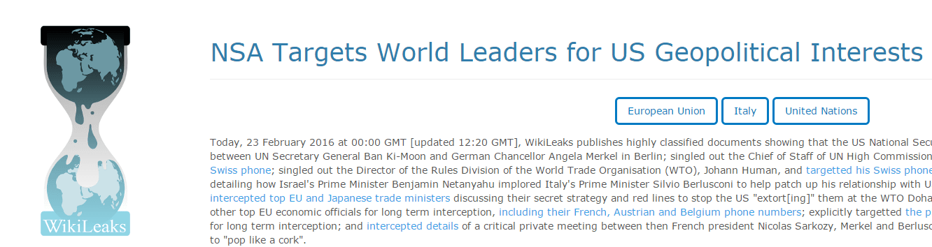 Wikileaks – NSA tapped world leaders for US geopolitical Interests