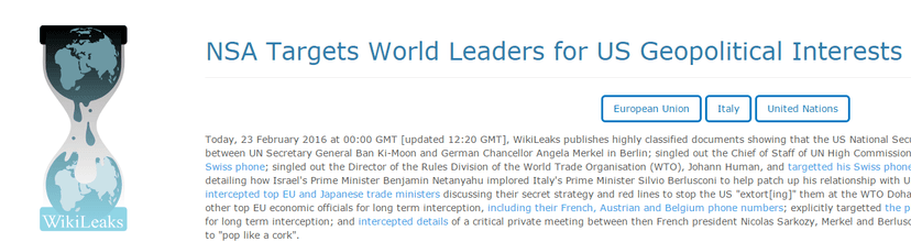 Wikileaks – NSA tapped world leaders for US geopolitical Interests