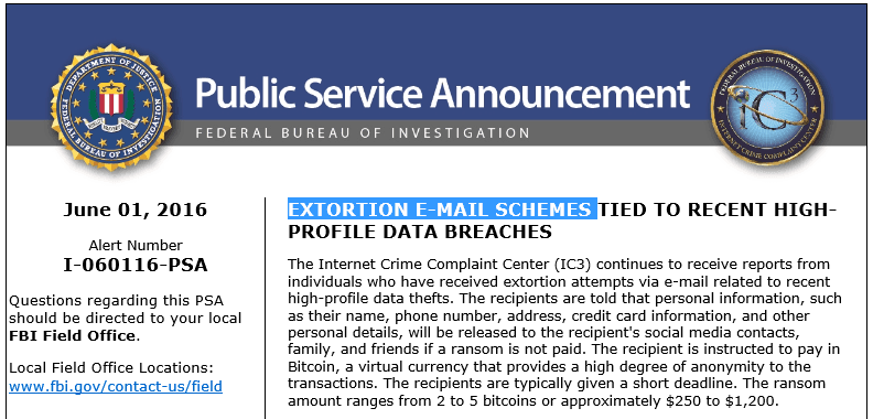 FBI issued an alert about a rise in extortion email schemes