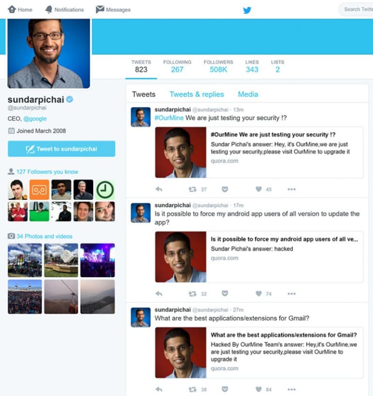 The OurMine group also hacked the Google CEO Sundar Pichai’s Quora account