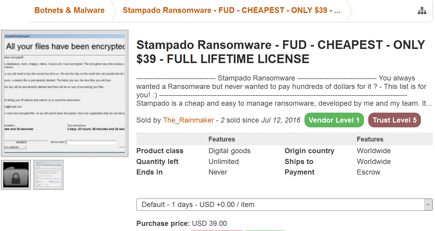 Just 39 USD for a lifetime license for Stampado Ransomware