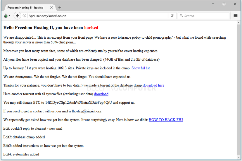Anonymous hacked Freedom Hosting II, a fifth of the Dark Web is down