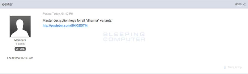 Alleged Master Keys for the Dharma Ransomware Leaked on BleepingComputer