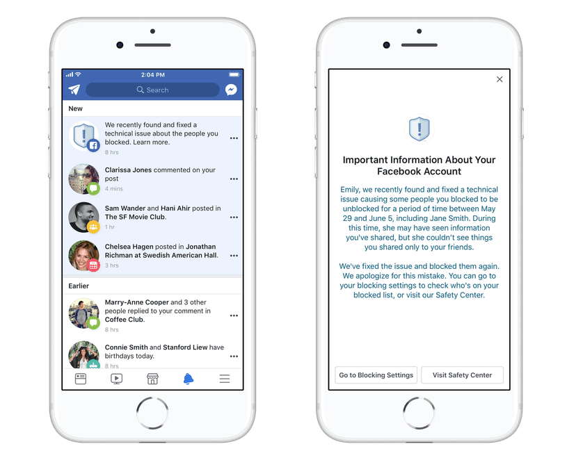 Facebook is notifying 800,000 users affected by a blocking bug