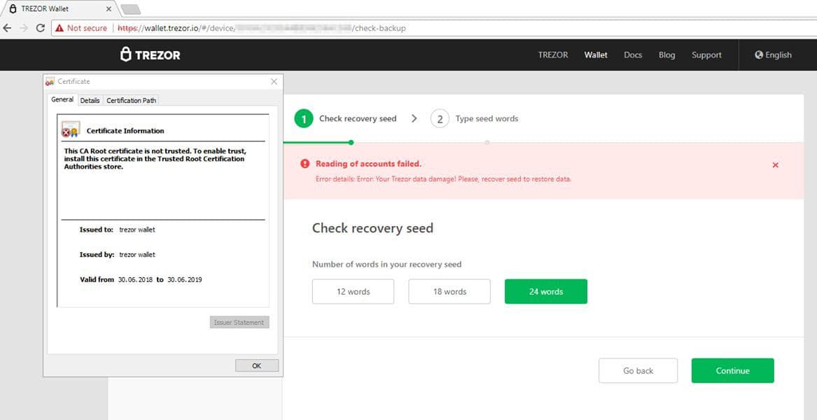 Trezor error message