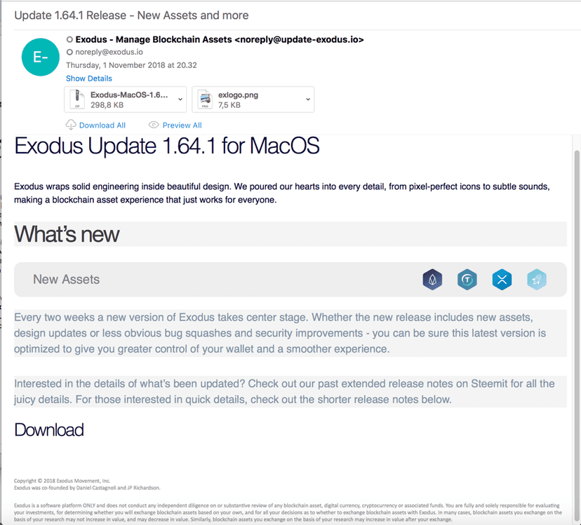 Mac users using Exodus cryptocurrency wallet targeted by a small spam campaign
