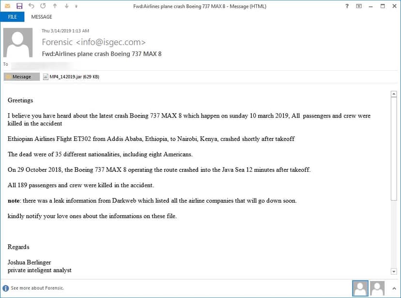 Experts uncovered a malspam campaign using Boeing 737 Max crashes