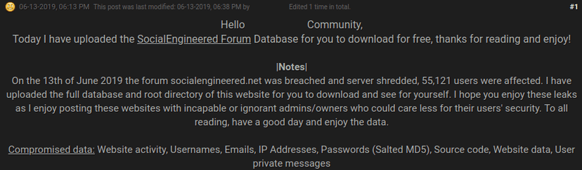 SocialEngineered forum hacked and data leaked online