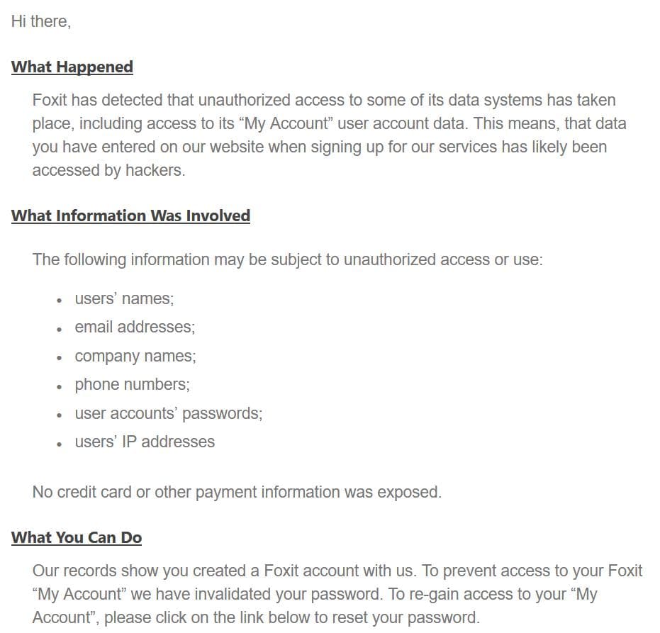 Foxit data breach notification