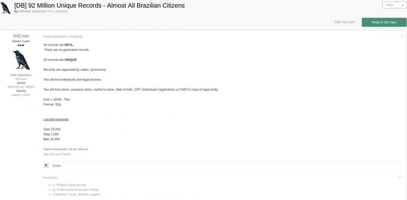 Hacker is auctioning a database containing details of 92 million Brazilians