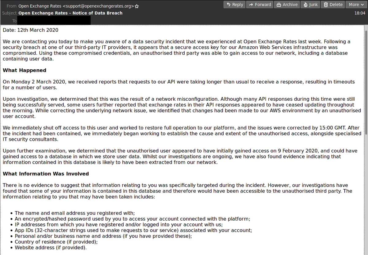 open exchange rates breach notification