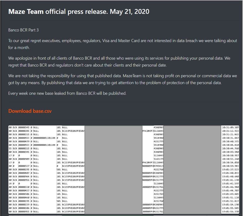 Maze ransomware operators leak credit card data from Costa Rica’s BCR bank