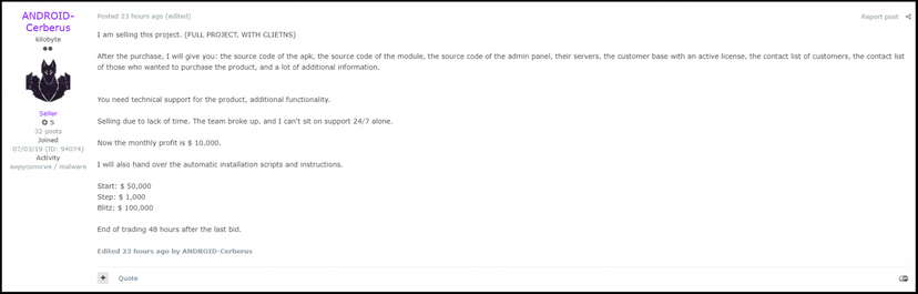 Source code of Cerberus Android Trojan offered for sale for $100,000