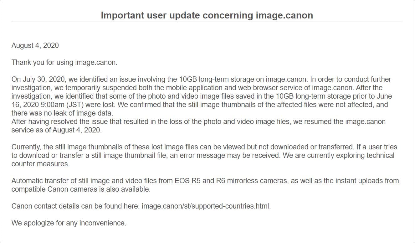 Canon incident notice