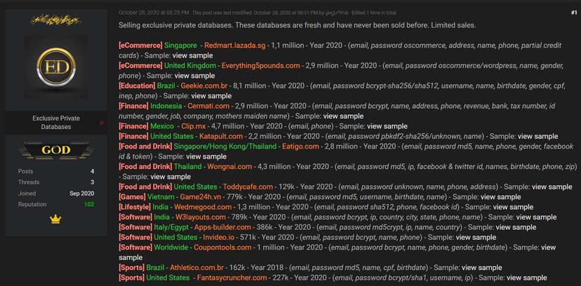 A data breach broker is selling account databases of 17 companies