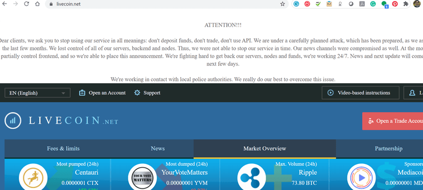 The Russian cryptocurrency exchange Livecoin hacked on Christmas Eve