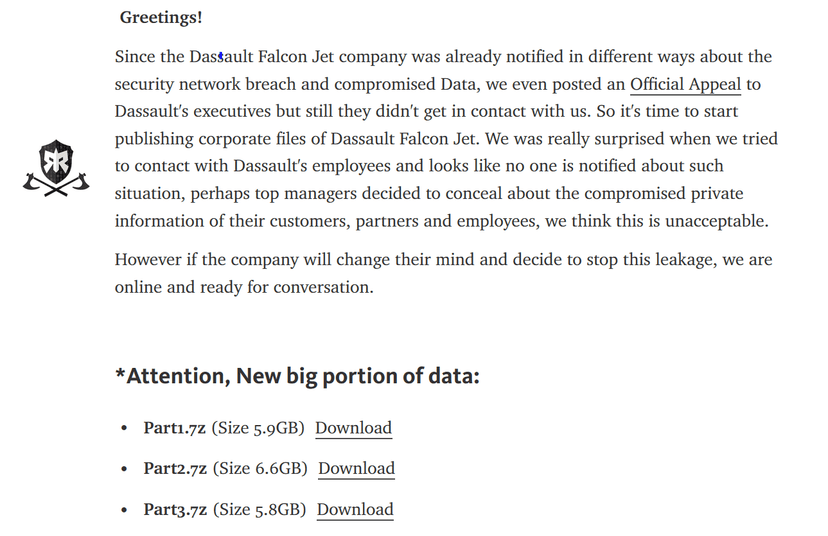 Dassault Falcon Jet hit by Ragnar Locker ransomware gang