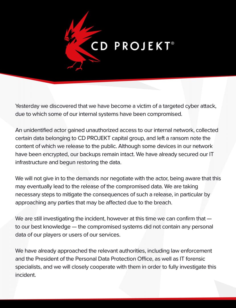 CD Projekt Red game maker discloses ransomware attack