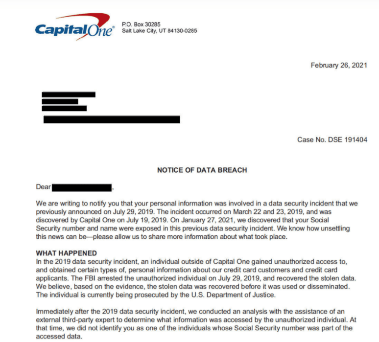 Capital one data breach notice 2