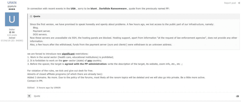 Darkside gang lost control of their servers and funds