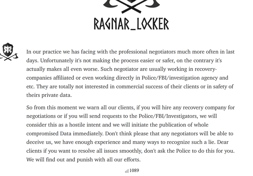 Ragnar Locker gang threatens to leak data if victim contacts law enforcement