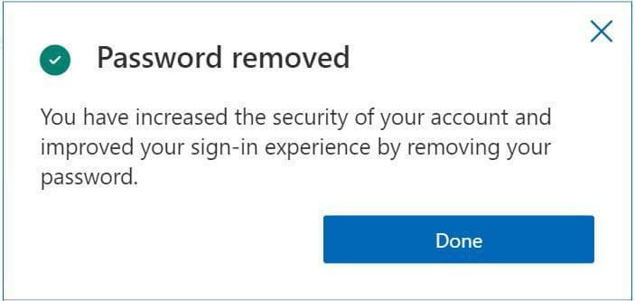 Microsoft Successful password removal passwordless