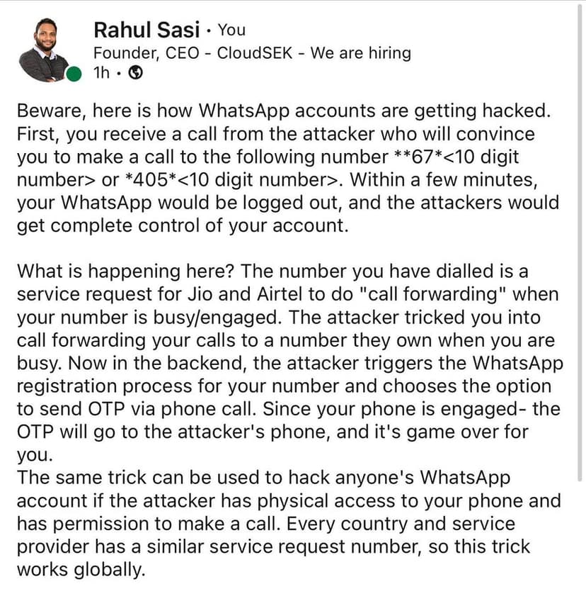 A new WhatsApp OTP scam could allow the hijacking of users’ accounts