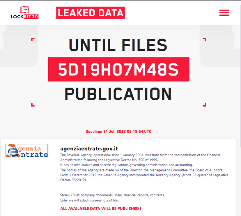 Lockbit ransomware gang claims to have breached the Italian Revenue Agency